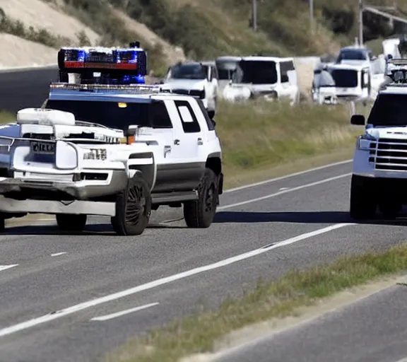 Prompt: donald trump driving white suv, high speed chase freeway, police cars, ap news photo