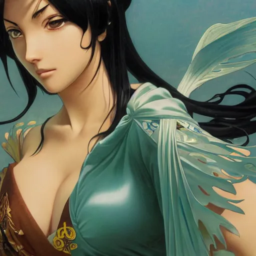 Prompt: highly detailed vfx portrait of nico robin by eiichiro oda, makoto shinkai, alphonse mucha, sharp focus, art by artgerm and greg rutkowski!, backlit, harsh overhead sunlight, blue eyes, stanley kybric, makoto yukimura, takeshi obata, pixiv, fanbox,