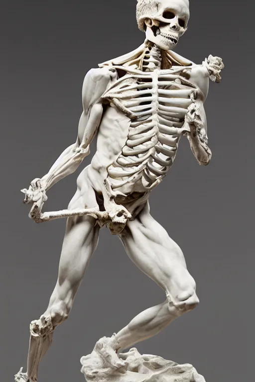 Image similar to epic and dramatic view of a statue depicting a man sculpting himself showing half of his body as a skeleton made in tannish polished marble, realistic and ultra detailed by bernini, 8 k