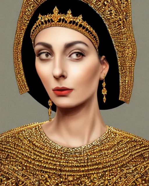 Prompt: realistic portrait of a queen, dark, gold and silver ornaments, facing camera, photo realistic, detailed, 1 4 5 0, delicate, hyper realism, ultra realistic, matte painting, 8 k