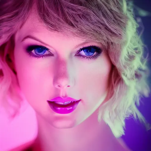 Image similar to closeup portrait of an ethereal Taylor swift made of purple light