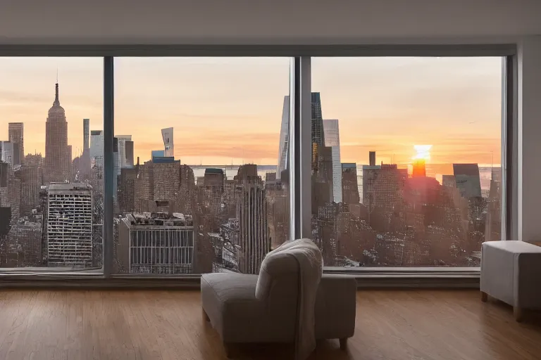 Image similar to photograph inside an apartment with large window overlooking manhattan new york city, sunrise!! dawn, early morning light, cinematic, epic scene, volumetric light, highly detailed, 24mm, f8, fujifilm, Daniel Kordan, Flickr, 500px,