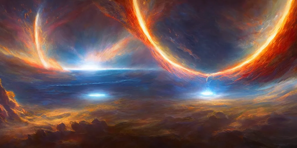 Prompt: Concept Art of cinematography from Terrence Malick film by Noah Bradley depicting the origin of the universe being created from the point of view of an sub atomic particle