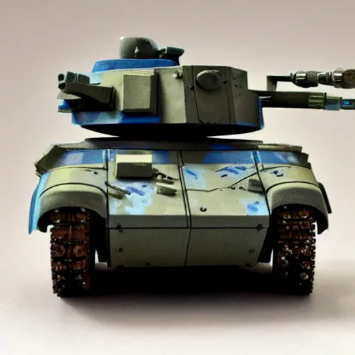 Prompt: a futuristic battletank with blue camouflage paint, double barreled main gun, heavy machinegun on top, detailed painted games workshop miniature
