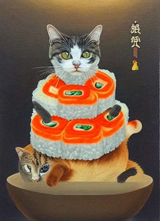 Image similar to clear surrealist painting of adorable cats made out of sushi