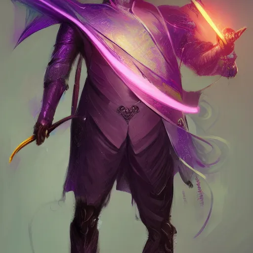 Image similar to a man in a purple suit holding a glowing sword, concept art by Android Jones, cgsociety, sumatraism, 8k, #vfxfriday, ue5