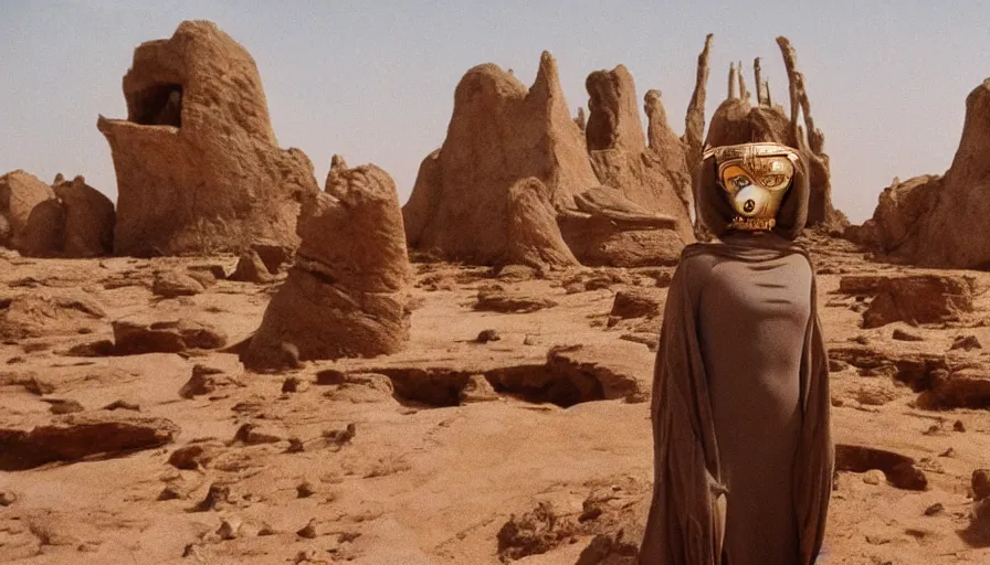 Image similar to levitating bene gesserit with full - face golden mask in a dry rocky desert landscape, alien ruins designed by giger, giant abandoned alien city by alejandro jodorowsky, anamorphic lens, kodakchrome, practical effects, masterpiece, 8 k