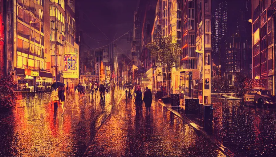 Prompt: rotterdam at rainy night, neons, lights, wet ground, people with umbrellas, hyperdetailed, artstation, cgsociety, 8 k