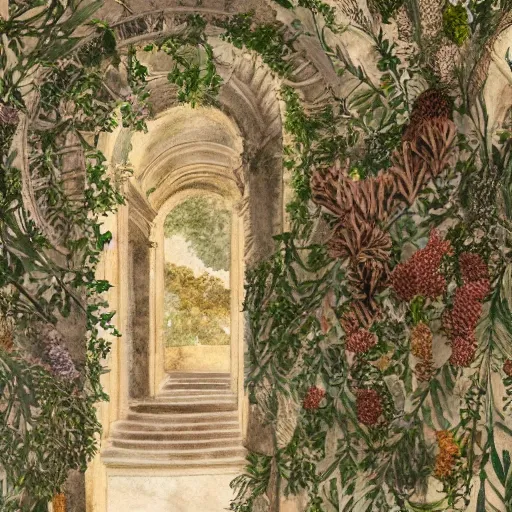 Image similar to delicate marble garden on paper floating puffy vines botanical 1 9 2 0 herbarium botanic watercolors coastline iridescent 8 k wide angle realistic shaded fine details, artstation italian rainbow colonnade oak pinecone gardena architecture pompeii rome naples sicily, boundary wall