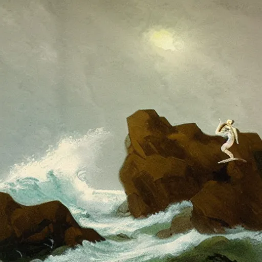 Prompt: painting of a person standing on a rock with waves crashing around by friedrich