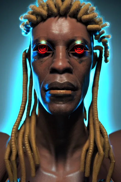 Prompt: a very detailed portrait of a old cyberpunk African man with dreadlocks, biotech, machine, photorealistic, highly detailed rendering with a cyberpunk style_ robotic arms MetaHuman, unreal engine, defined cheekbones, one blind eye, dramatic cinematic lighting