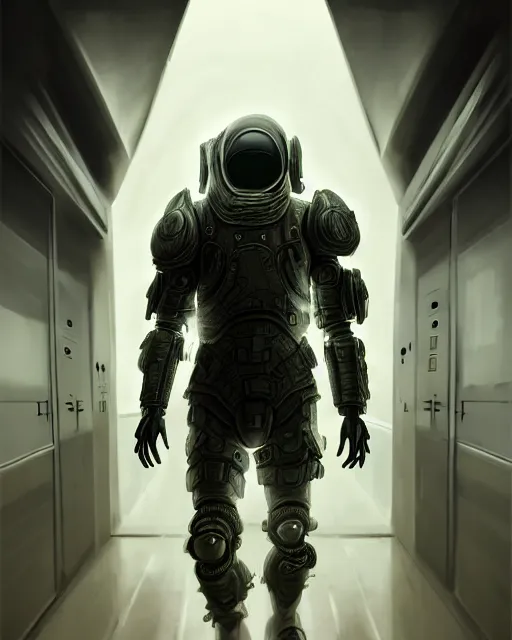 Prompt: ultra realist and ultra intricate detailed soft painting of a sci-fi armored male, no face, walking down futuristic hallway, sensual gloomy style, volumetric clouds, unreal render, depth of field
