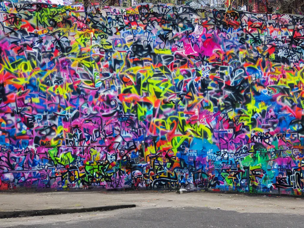 Image similar to photo of black cathedral covered in colorful graffiti