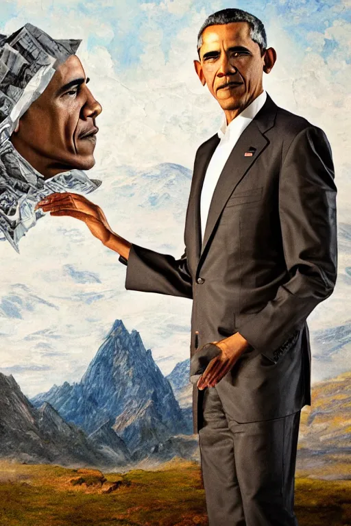 Prompt: obama nervously standing next to a mountain made of papers, oil on canvas, intricate, portrait, 8 k highly professionally detailed, hdr, cgsociety