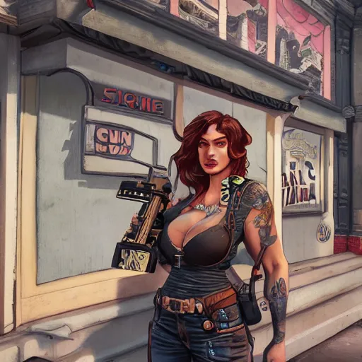 Prompt: a woman with large chest and a big gun, painted in comisc style in front of the shop marked with sign Daniel Vavra highly detailed, intricate, concept art, game art, octane render, 8k, unreal engine