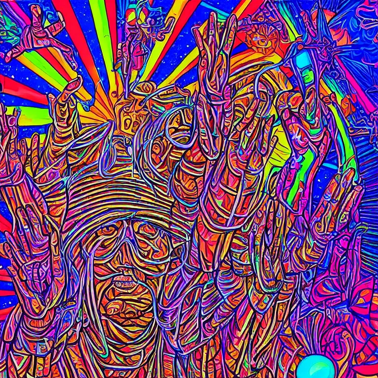 Image similar to rapping on stage at festival, holding microphone, giant crowd, epic angle, profile view, psychedelic hip hop, illustrated by Alex Grey