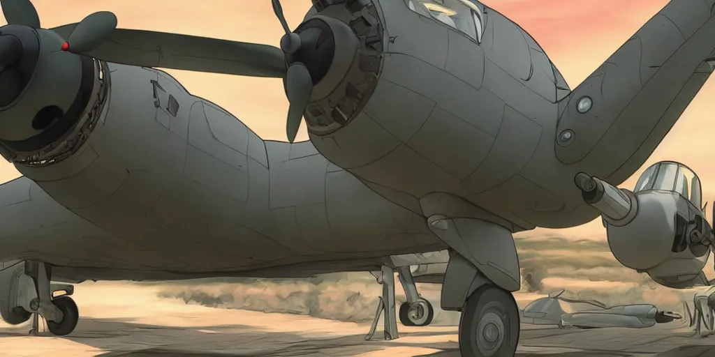 Image similar to close up cinematic shot of a world war two bomber with turret gunner, ghibli style