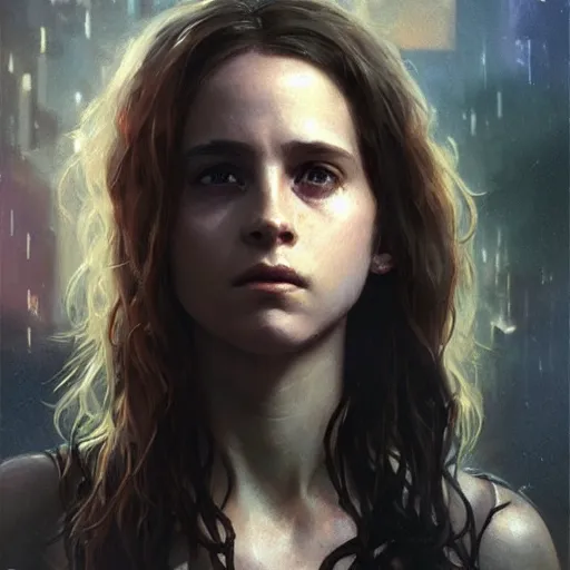 Prompt: hermione, hyperrealistic full figure, bladerunner street, art of elysium by jeremy mann and frank frazetta and alphonse mucha, fantasy art, photo realistic, dynamic lighting, artstation, full figure poster, volumetric lighting, very detailed face, 4 k, award winning