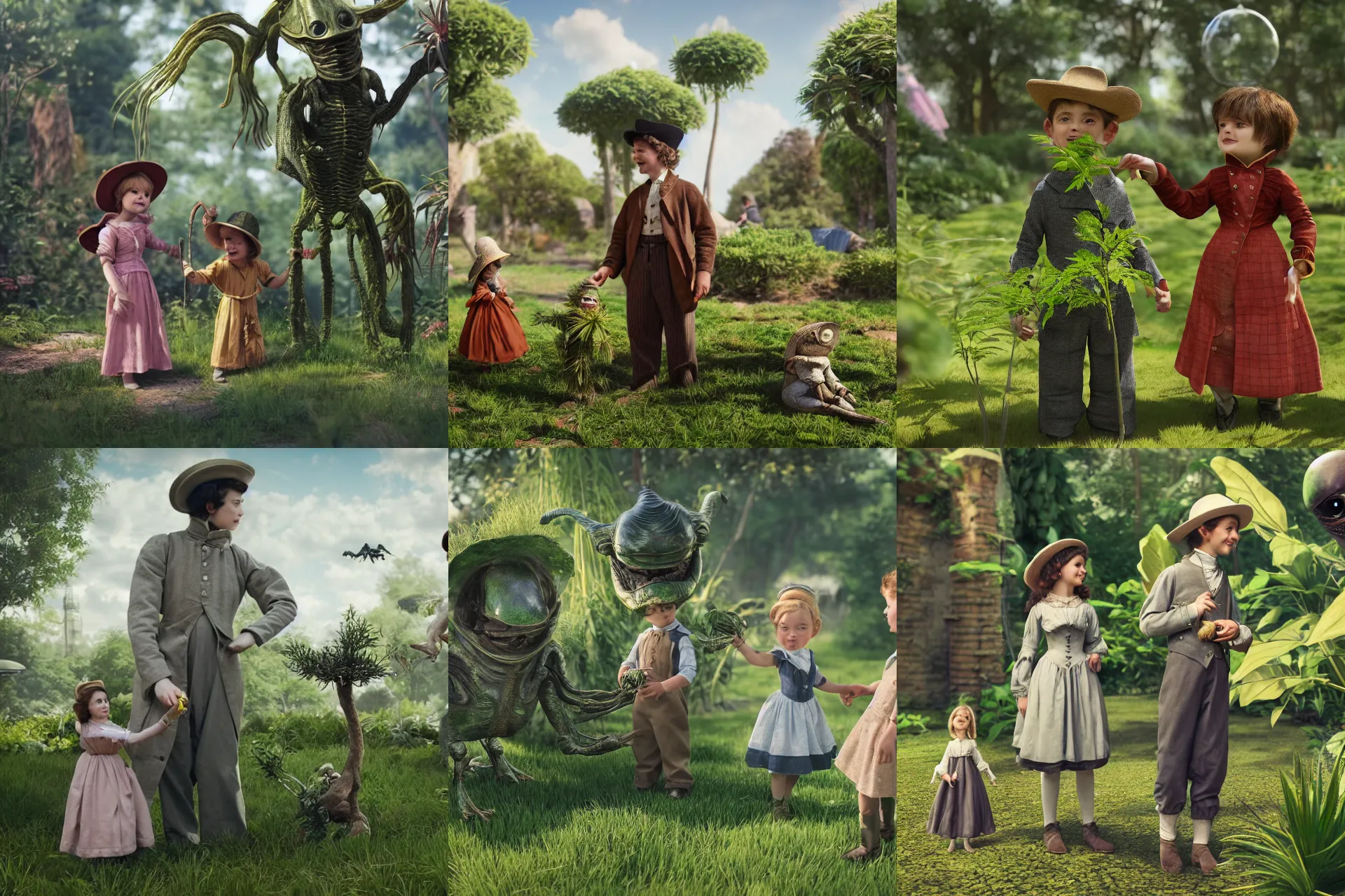 Prompt: a girl and a boy standing next to some alien plants, looking happy, wearing 1850s era clothes, they are playing with their small pet alien creature, in a park on a alien planet, extremely high details, ultra realistic facial details, hyperrealistic, octane render, 8k