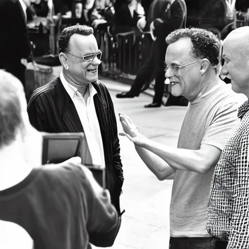 Prompt: tom hanks having a friendly conversation with tom hanks, candid photography