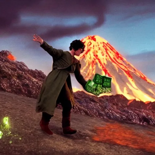 Prompt: Frodo throwing Mountain Dew into Mt Doom, photorealistic, film