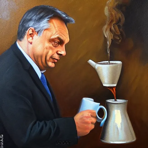 Image similar to viktor orban making drip coffee, oil painting