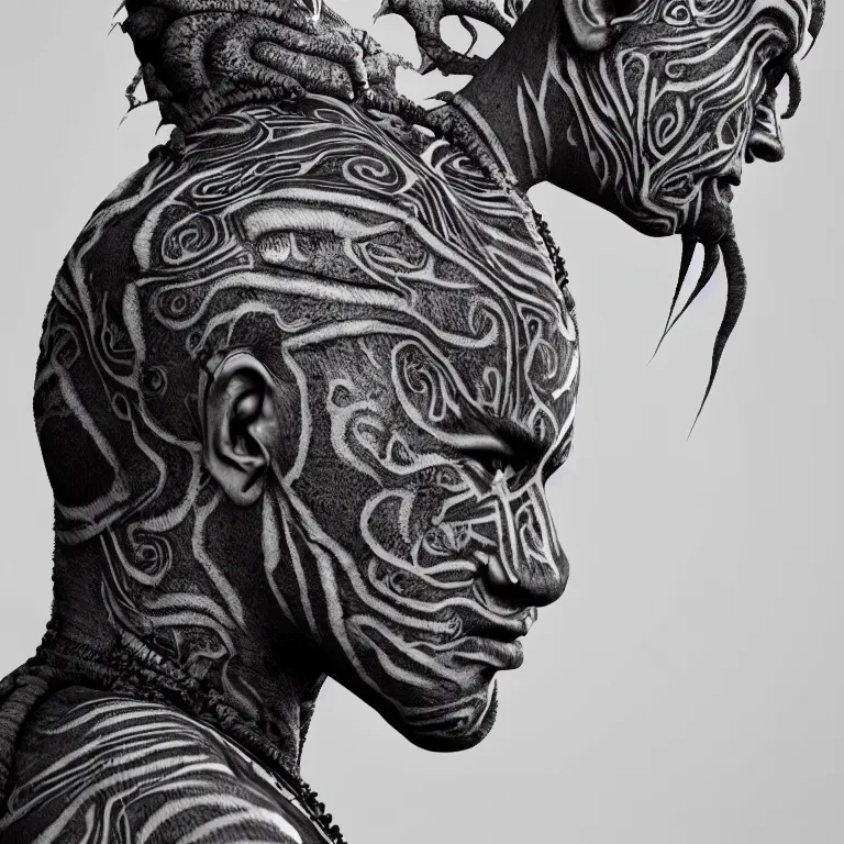 Image similar to surreal spinal ribbed tribal exotic organic face portrait of a beautiful aboriginal man, beautiful detailed intricate insanely detailed BW 3D render digital art, octane render, 8K artistic photography, photorealistic