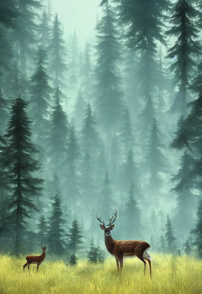 Image similar to deer on the background of a tall spruce forest, painting by Craig Mullins, octane rendering, soft morning lighting, wide angle lens, in the style of Hayao Miyazaki, trending on artstation,