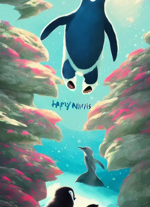 Prompt: alternative movie poster for happy feet by loish, makoto shinkai, studio ghibli, atey ghailan