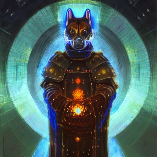 Image similar to medieval paladin knight armor anthropomorphic shiba inu scifi kirlian photography electric field glowing, cyberpunk, portrait art by donato giancola and greg rutkowski, realistic face, kirlian field, glowing in tesla electricity visible magnetic field, digital art, trending on artstation, symmetry