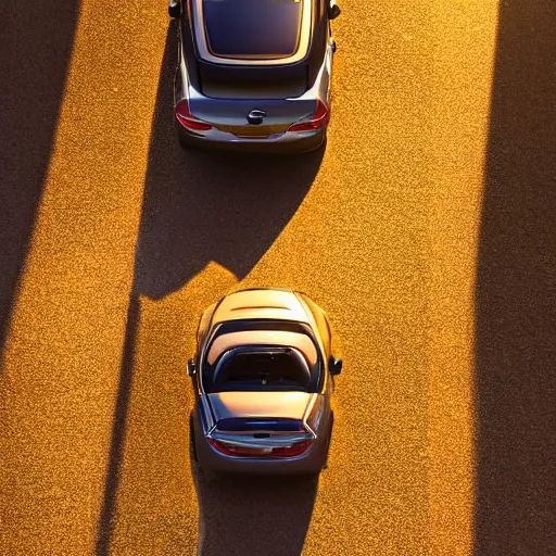 Image similar to cat driving in a cabriolet, golden hour, top view, golden ratio