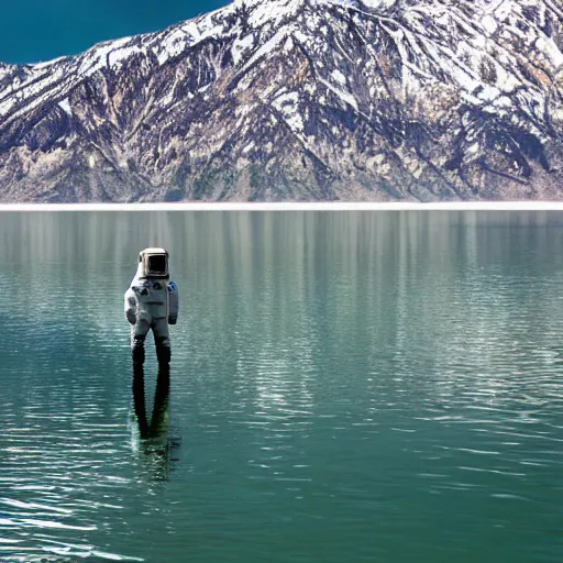 Image similar to an astronaut standing in the water of Lake Baikal and looking at the mountains