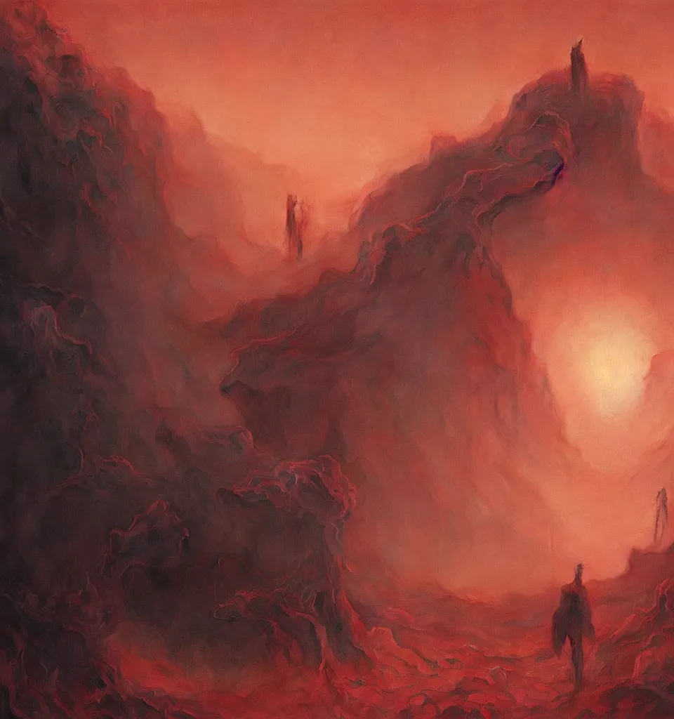 Prompt: magical landscape covered with smoke, chiaroscuro, red fabric, metalic parts, transparent smoke from hell, notan sun in the background, abstract, surreal art, painted by beksinski and android jones