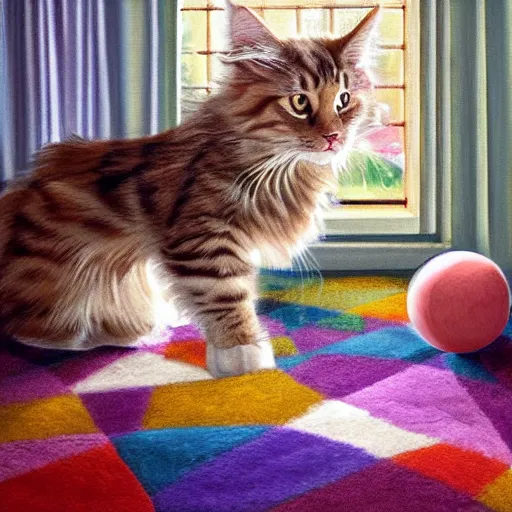 Prompt: cream color maine coon cat chasing a cat-toy-ball in a sunlit bedroom, hardwood floors with a colorful tattered old throw rug, bay window sofa in the background, fun, energetic, amusing, cute, funny, in style of Steve Henderson, trending on art station