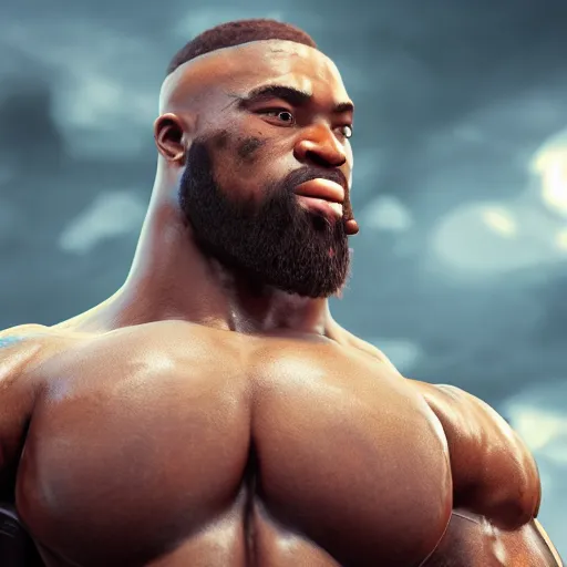 Image similar to a handsome bodybuilder viking girl with african american, clash royal style characters, unreal engine 5, octane render, detailed, cinematografic, cinema 4 d, artstation trending