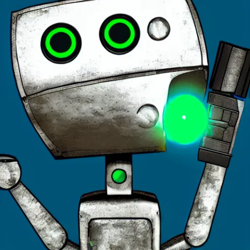 Prompt: white metal robot with green triangular eyes round head holding a gun to its head with the word action framework written on it