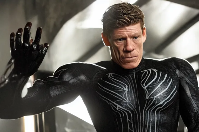 Image similar to film still of Thomas Haden Church as Eddie Brock wearing Venom costume without headpiece in Spider-man 3 2007, 4k