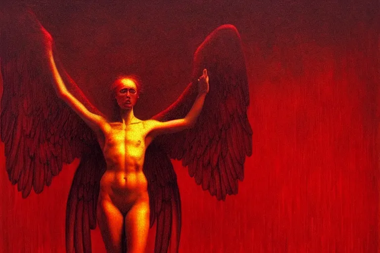 Image similar to only with red, a red angel announce the win, at the gates of a rich renaissance city, pathos, in the style of beksinski, part by hopper, part by rodcenko, part by hofbauer, intricate composition, red by caravaggio, insanely quality, highly detailed, masterpiece, red light, artstation