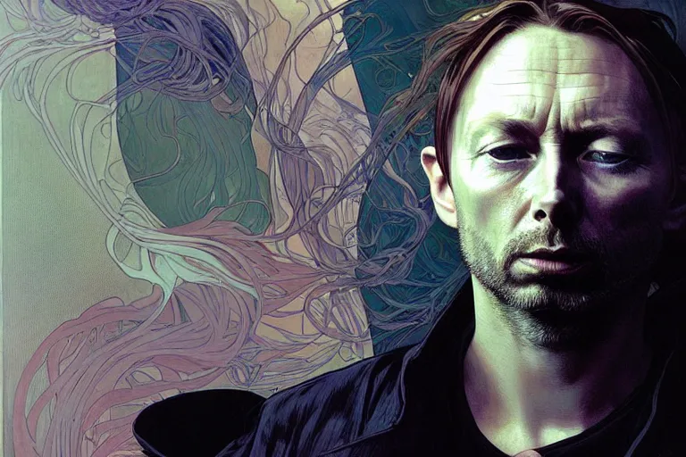 Image similar to hyper realistic portrait of thom yorke singer songwriter, side, liminal space, by lee bermejo, alphonse mucha and greg rutkowski