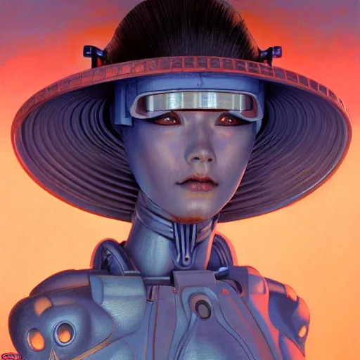 Prompt: cinematic portrait of geisha robot, head and chest only, robotic enhancements, desaturated, Tim Hildebrandt, Wayne Barlowe, Bruce Pennington, donato giancola, larry elmore, oil on canvas, masterpiece, trending on artstation, featured on pixiv, cinematic composition, dramatic pose, beautiful lighting, sharp, details, hyper-detailed