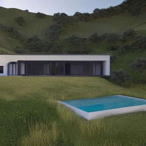 Prompt: Villa on the side of a hill. Designed by Peter Zumthor. Octane render. 8k. High detail.