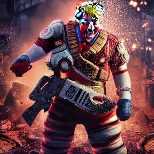 Image similar to portrait of donald trump as a clown, laughing and holding a chainsaw in gears of war, splash art, movie still, cinematic lighting, ray tracing, octane render, long lens, shallow depth of field, bokeh, anamorphic lens flare, 8 k, hyper detailed, 3 5 mm film grain