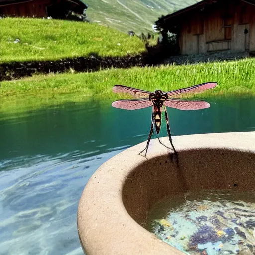 Prompt: dragonfly in a bathtub in the alps, goat!!!!!!!!!!!! herd!!! in background