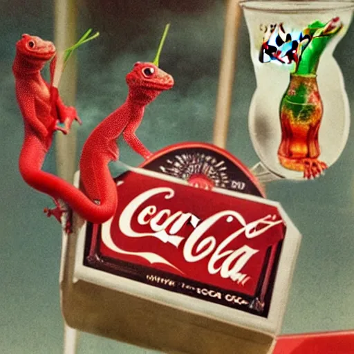 Image similar to gecko advertising the drink coca cola to all his chameleon friends, promo photo