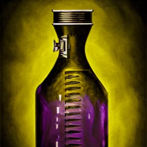 Image similar to a steampunk painting of a vintage purple potion bottle, lit by a single ray of sunlight in a dark dusty vintage science lab, by h. r. giger, hyperrealistic fantasy art, concept matte, ethereal, dreamy, digital art, trending on artstation, volumetric cinematic lighting