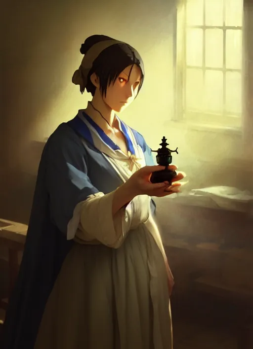 Prompt: old florence nightingale holding an oil lamp in a crimean war hospital 1 8 5 5, low light, trending on pixiv fanbox, painted by greg rutkowski makoto shinkai takashi takeuchi studio ghibli