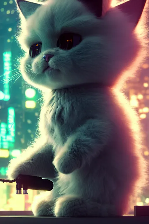 Image similar to high quality 3 d render very cute fluffy cyborg!! cat plays trumpet, cyberpunk highly detailed, unreal engine cinematic smooth, in the style of blade runner & detective pikachu, hannah yata charlie immer, moody light, low angle, uhd 8 k, sharp focus