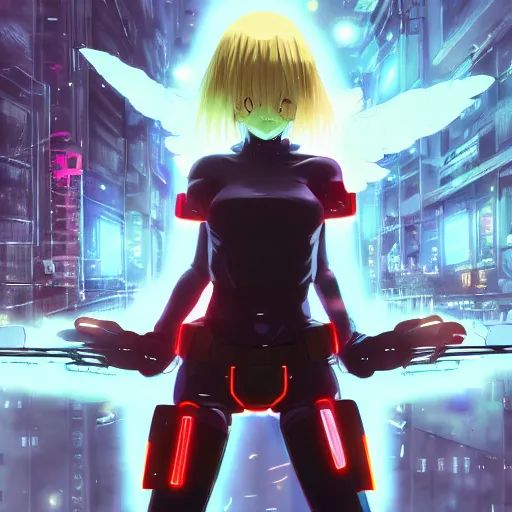 Prompt: anime cyberpunk movie still animatrix, small female android cyborg - angel, glowing red left eye and glowing blue right eye, cinematic lighting, advanced digital cyberpunk art, wlop, rossdraws sakimimichan, ilya kuvshinov, krenz cushart, greg rutkowski - c 1 5