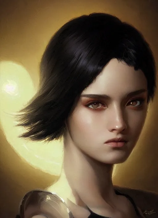 Image similar to girl with black hair, pixie haircut, beautiful highly detailed face, complementary lighting, backlit, dramatic lighting, beautiful painting by artgerm and greg rutkowski and raymond swanland