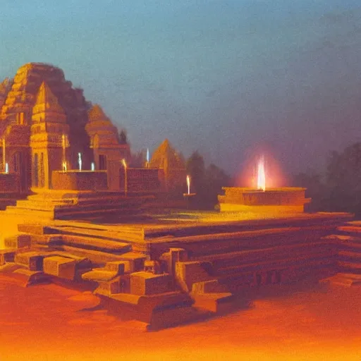 Image similar to a syd mead and ralph maquarrie style matte painting of an ancient indian temple ruins with candles lit inside, on top of a tropical hill, night
